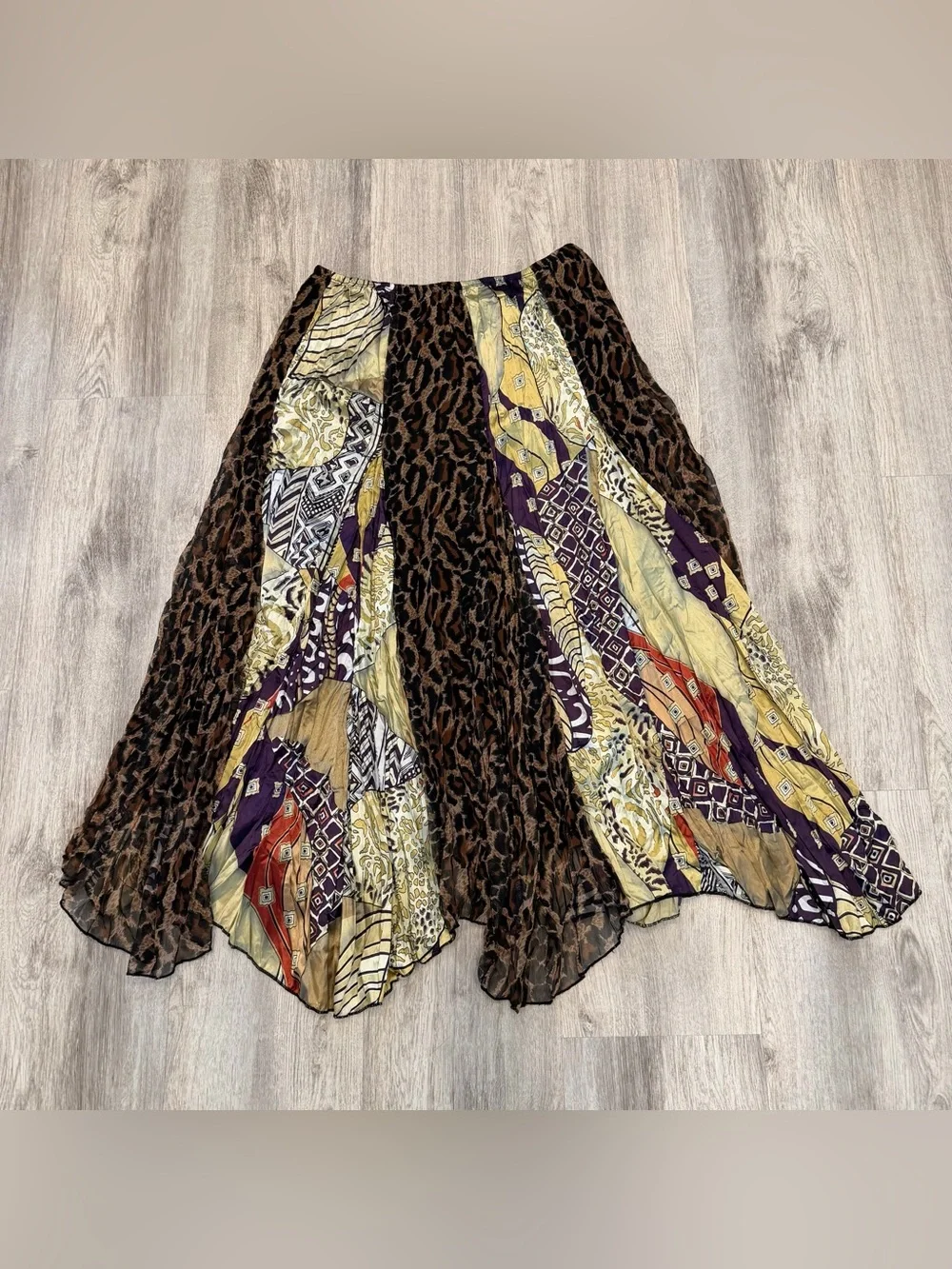 Vintage Boho Patchwork Animal Print Lined Maxi Skirt Waist 30